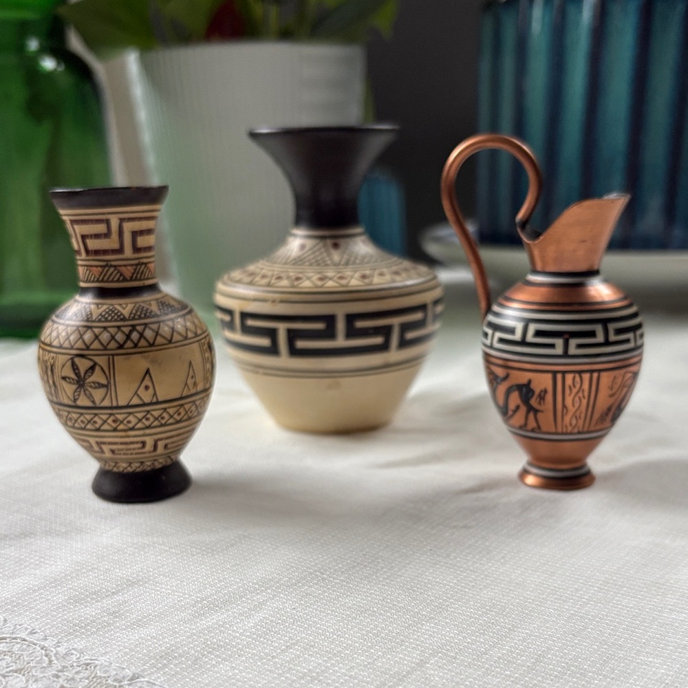Set of Three Greek Key hand painted Vases on pottery and copper vintage